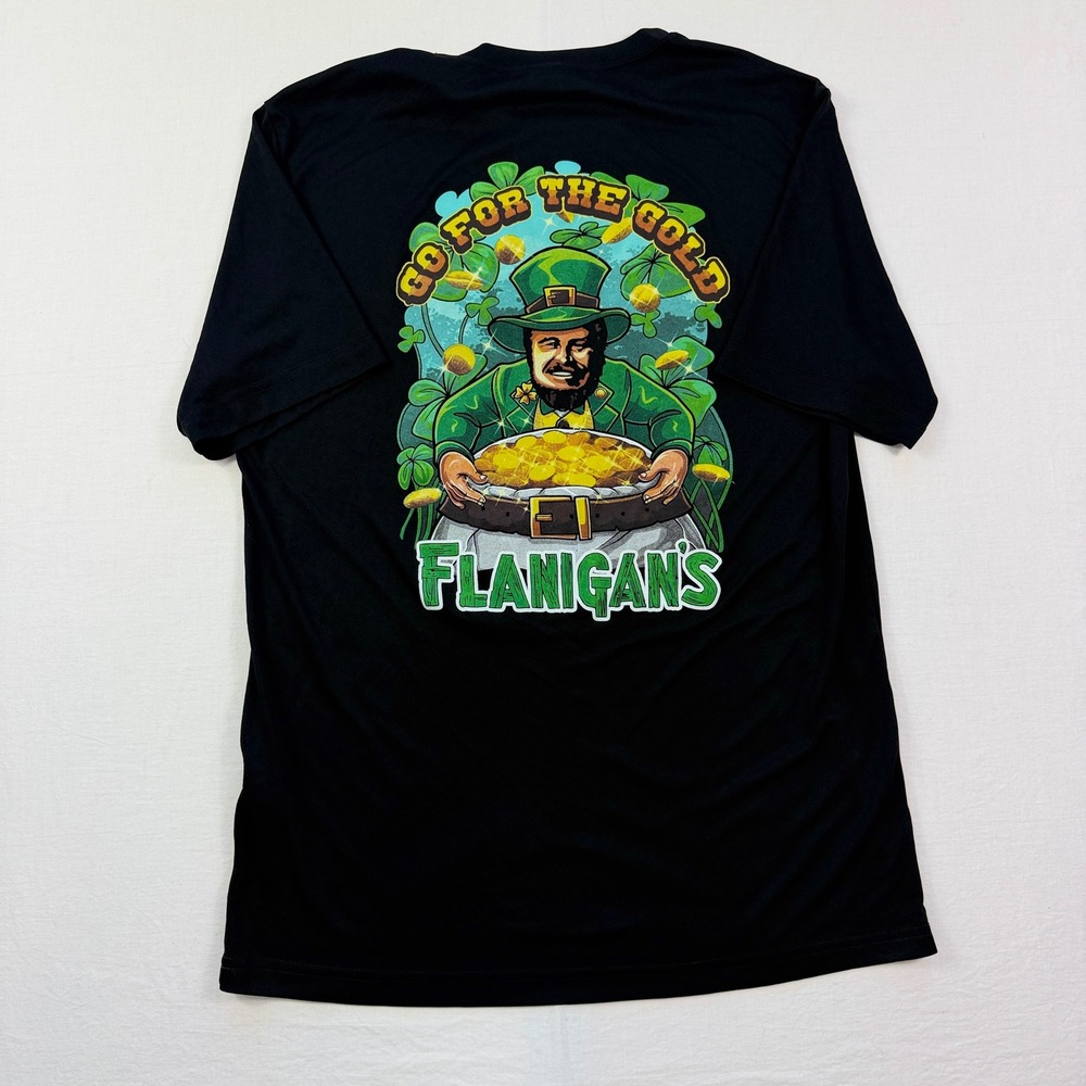 Flanigans T Shirt Mens Medium Black St Patricks Day 2026 Staff Go For The Gold